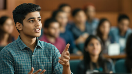 An image of a motivated Indian student passionately participating in a debate, highlighting critical thinking and public speaking skills.