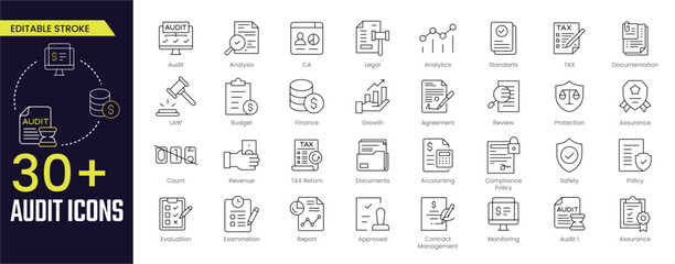 Audit Stroke icon collections. Containing Accounting, audit, financial report, Agreement, TAX, Documentation, Budget, TAX Return and more icons. Editable Stroke icon collection Outline icon