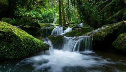Obraz premium flowing water over mossy rocks creates a stunning waterfall in a lush tropical rainforest perfect for nature lovers seeking beauty