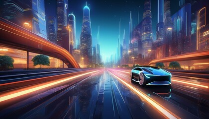 Obraz premium futuristic autonomous vehicles effortlessly navigate urban streets at night hinting at a sleek tech savvy future