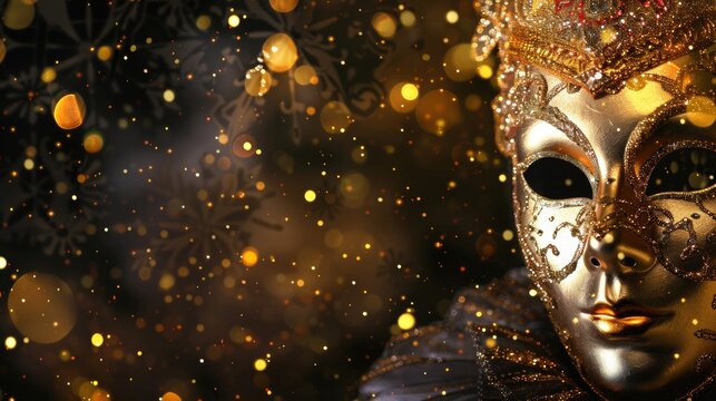 Venetian mask on dark-golden bokeh background. New year and christmas party celebration design banner.