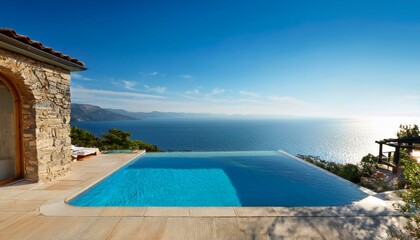 infinity pool overlooking beautiful mediterranean sea and coastline with stone villa