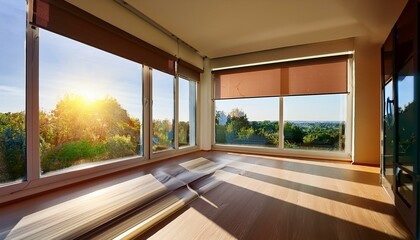large roller blinds with digitized solar shades on the window inside