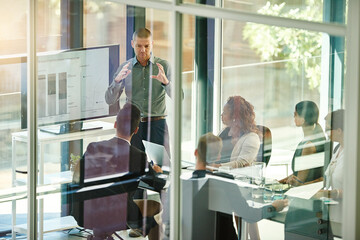Business people, tech or advice in boardroom for training, productivity report or feedback chart on screen. Speaker, team or corporate presentation in office for company growth with brand management