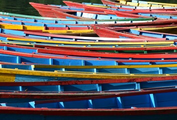 brightness  contrast colour of  traditional  boats in the phewa lake nepal