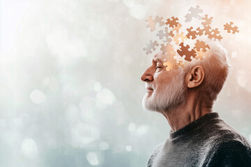 Senior man in profile view, with parts of his head fading into floating puzzle pieces, symbolizing memory loss