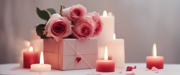Concept of Valentines day with roses gift boxes and candles on white background