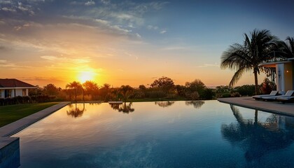 Obraz premium luxurious swimming pool reflecting a breathtaking sunset in florida