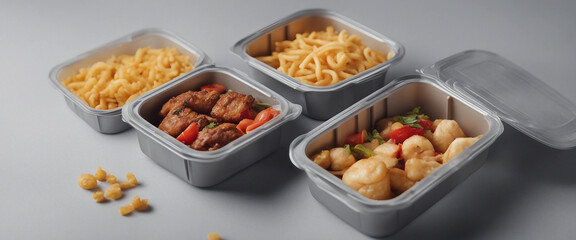 Delivery containers for takeaway food on gray background