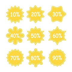 Set of stickers sale badge, price tag, trade labels. Special offer design elements. Different prices with discounts of 10, 20, 30, 40, 50, 60, 70, 80, 90 percent. Emblems with stars, callouts.