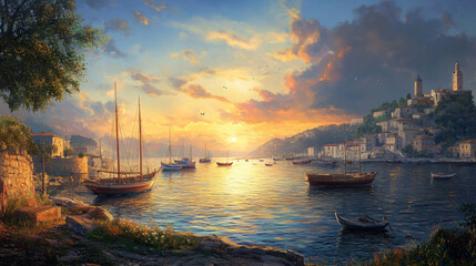 Fototapeta premium A peaceful harbor at sunrise, with fishing boats gently bobbing in the water, framed by a picturesque landscape.