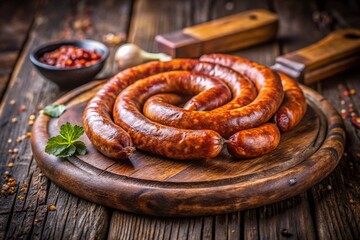 Fototapeta premium Rustic Macro Photography of Semismoked Sausage Ring on Wooden Chopping Board