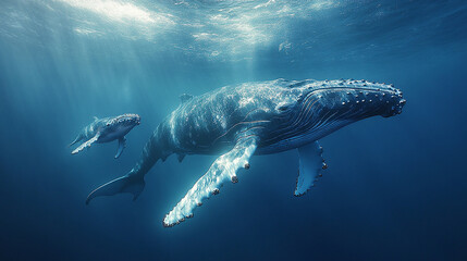 Fototapeta premium A large whale and a smaller calf are swimming underwater. Sunlight shines through the water.
