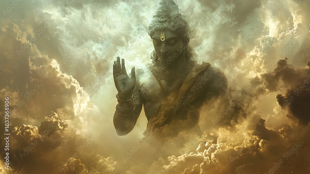 Poster ethereal deity manifesting from mist a divine presence amongst clouds and shadows
