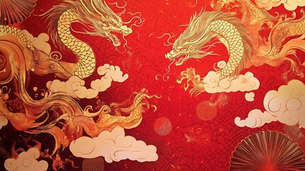 Obraz premium Elegant Eastern-inspired art with gold dragons, layered fans, and swirling clouds on a vibrant red background
