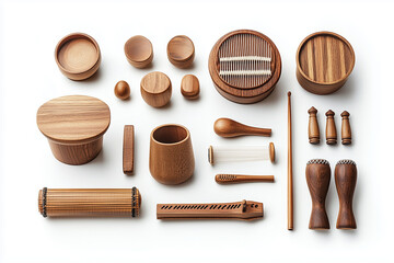 Various wooden musical instruments isolated on the white background. 