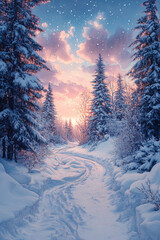 Winter landscape with frosted pine trees, soft snow, and ethereal clouds. Perfect for invitations, weddings, postcards, and holiday-themed designs.