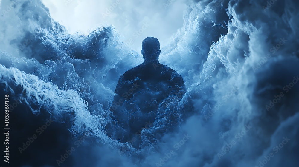 Poster A mystical encounter the transformation of a misty figure through ethereal clouds and shifting forms in a dreamlike landscape