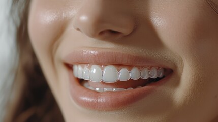 Close up of woman using invisible silicone dental aligner.