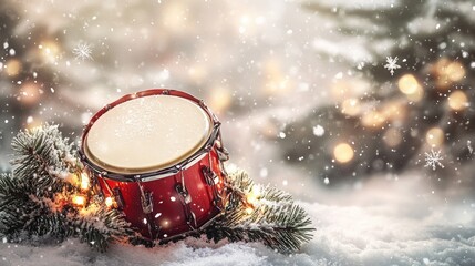 Red christmas drum lying on snow with fairy lights and pine branches