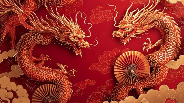 Festive red and gold design featuring intricate Chinese dragons and traditional fans with decorative clouds