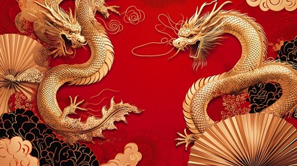 Obraz premium Majestic gold dragons on a bold red background surrounded by intricate fans and swirling clouds