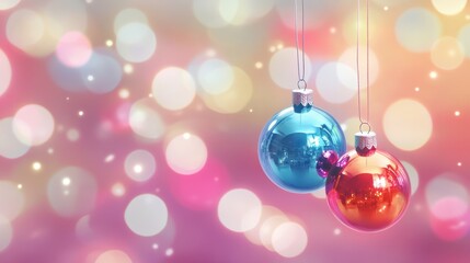 Fototapeta premium Colorful Christmas glass ornaments on bokeh background.