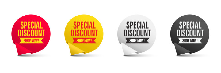 Special discount symbol. 3D Round sticker badge with offer message. Advertising discounts symbol. Promotion set for shopping marketing, clearance sale and advertisement Vector illustration.