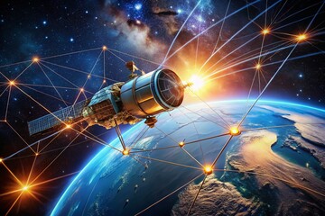 Satellite Data Transfer Over Earth: Aerial View of Artificial Satellite in Space