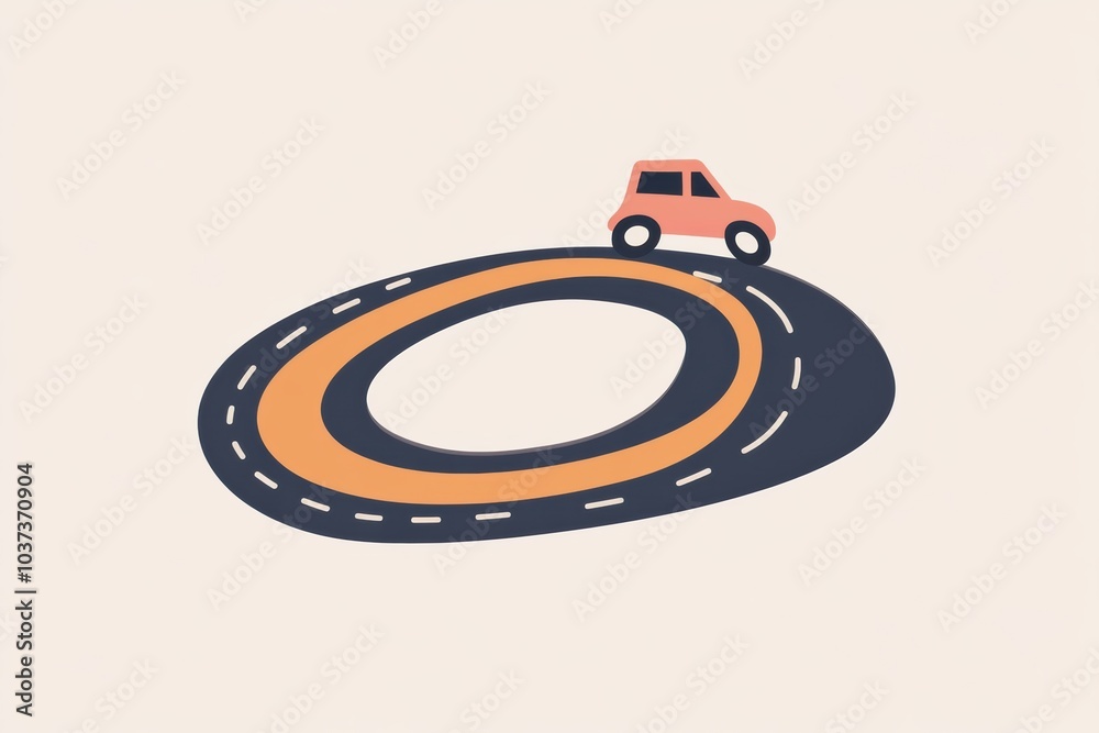 Poster a small, simple car navigates a curving road, illustrating the journey of travel and adventure on sm