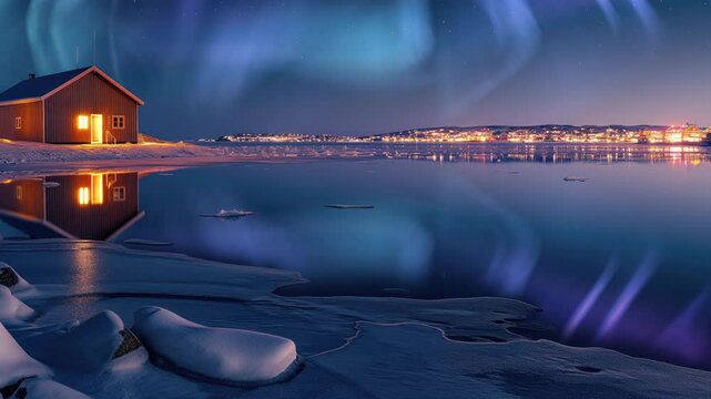 Greenland Aurora Above Fishing Lodge Reflections on Water Pan L Generative AI