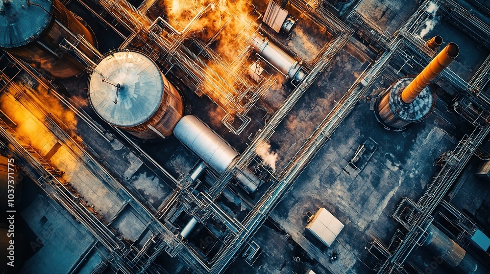 Wall mural Aerial View of Industrial Complex with Smoke and Flames