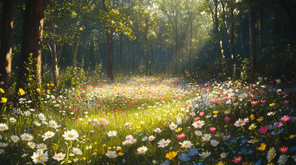Obraz premium A peaceful forest scene with a carpet of colorful wildflowers in full bloom.