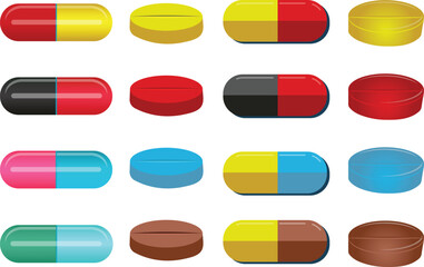 Pills, tablets and medicine drugs, Oval and round capsules set