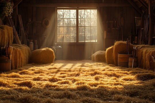 A barn filled with hay bales and farming tools, with sunlight streaming through the windows