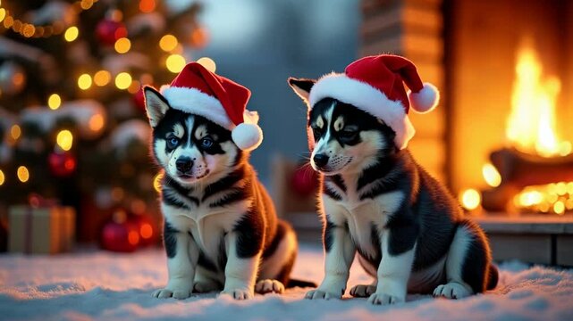 Two huskies wearing Santa hats sitting in front of Christmas decorations
