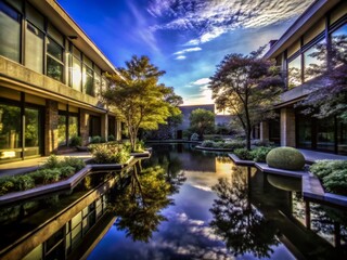 Fototapeta premium Serene Health and Wellness Complex with Landscaped Courtyard and Tranquil Pond for Relaxation and Rejuvenation