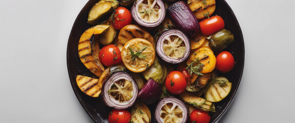 Tasty grilled vegetables on white background top view