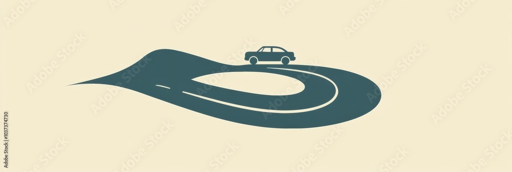Poster a small, simple car drives along a curving road, capturing the essence of a tranquil journey through