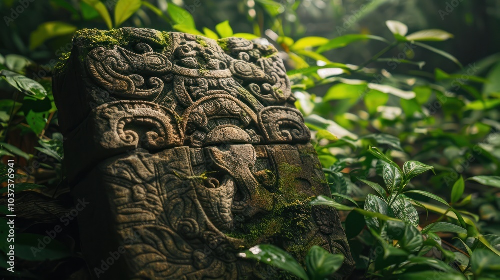 Wall mural Ancient Stone Carving in Lush Jungle