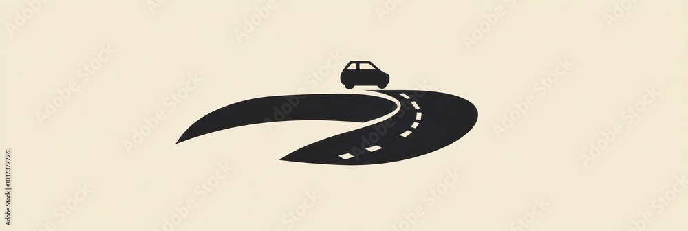 Poster a small, simple car drives along a curved road, emphasizing the journey ahead and the joy of explora