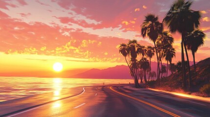 A scenic road along the beach with palm trees and a setting sun. Travel banner. Road trip 