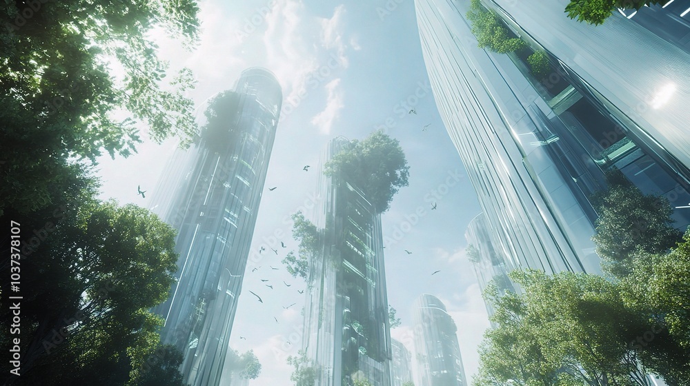 Poster Futuristic Urban Landscape with Lush Greenery