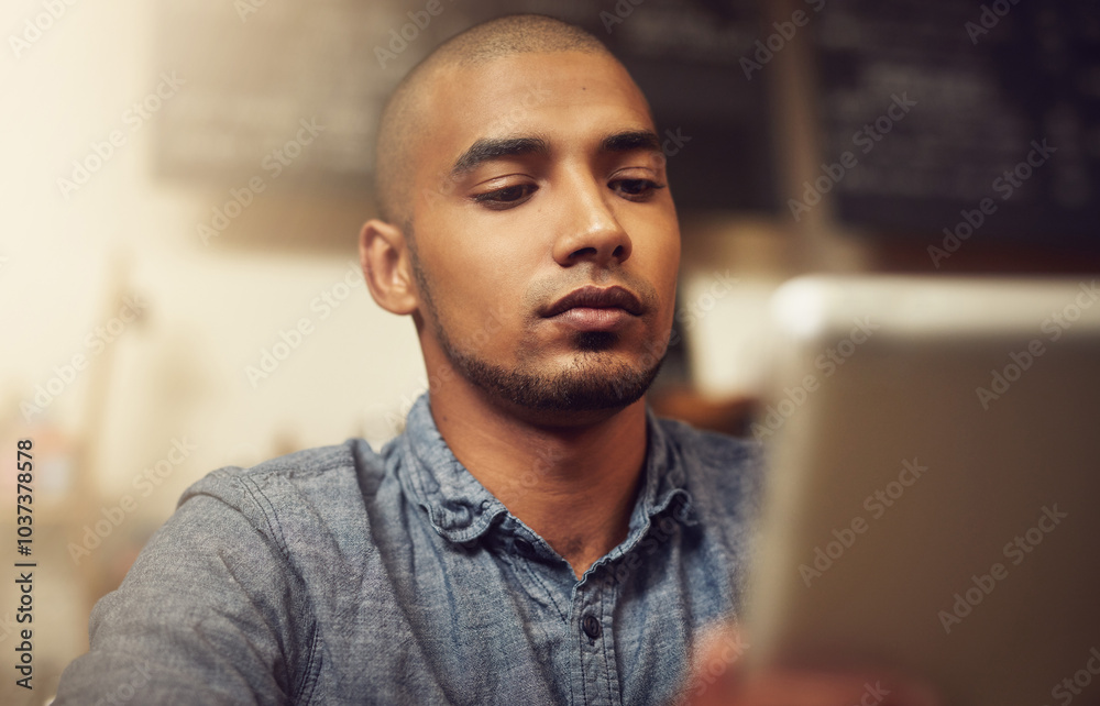 Poster business owner, typing and man in store, tablet and internet with connection, online reading and net