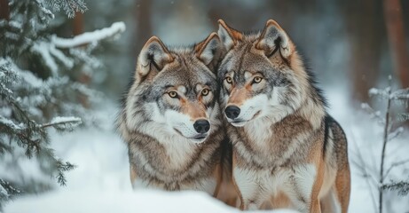 Fototapeta premium Two Wolves in Cold Winter Forest. Ai generation.