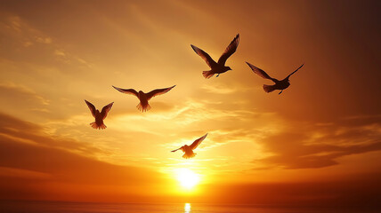 Obraz premium The movement of birds in flight against the warm colors of a setting sun