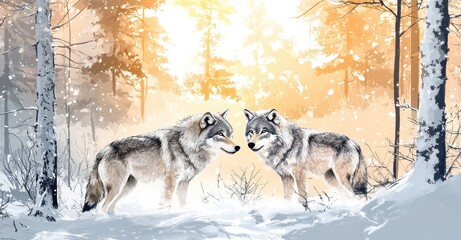 Naklejka premium Two Wolves in Cold Winter Forest. Ai generation.