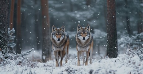 Two Wolves in Cold Winter Forest. Ai generation.