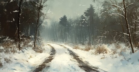 Fototapeta premium Winter Forest Road View. AI generated illustration.