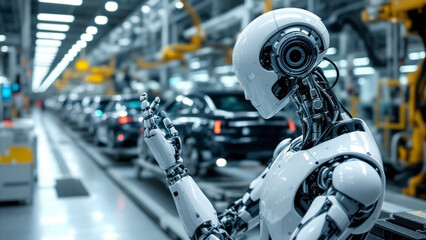 Fototapeta premium AI robots are manufacturing cars in a modern technological automobile factory. 